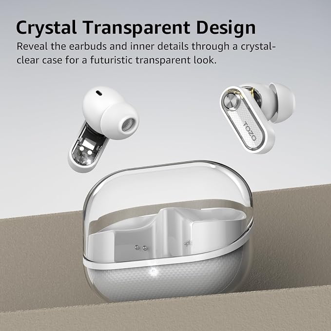 TOZO Crystal Pods Hybrid Active Noise Cancelling Wireless Earbuds, 10mm Drivers Deep Bass, 4 Mics Smart ENC AI Calls, Real-Time AI Translation, 32 EQ via App, Bluetooth 5.4, Crystal Design