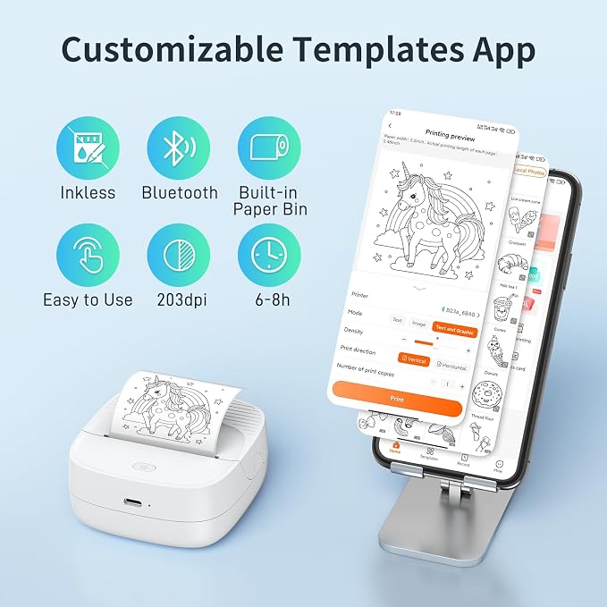 Mini Thermal Sticker & Label Maker | 7 Rolls Paper (3 Sticker + 3 Label) & 6 Colored Pencils | Printpod Inkless Bluetooth Printer, Smart AI APP, iOS Android Compatible, Photo/Journal/DIY/Study/Gift