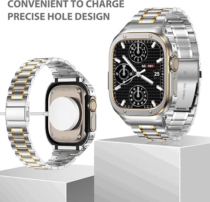MioHHR Stainless Steel Watch Band with Case Compatible with Apple Watch Ultra3 2 1(49mm),Rugged Strap with Metal Protective Bumper Cover for iWatch Band Men(Silver/Gold)