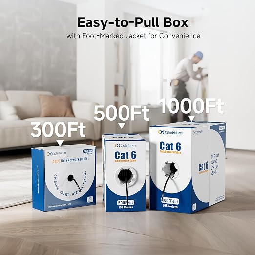 Cable Matters [UL Listed] 10Gbps in-Wall (CM) Rated 23AWG Bare Copper Cat 6 Cable - 500ft, Solid, UTP Cat6 Bulk Ethernet Cable, Cat6 Ethernet Cord, Black