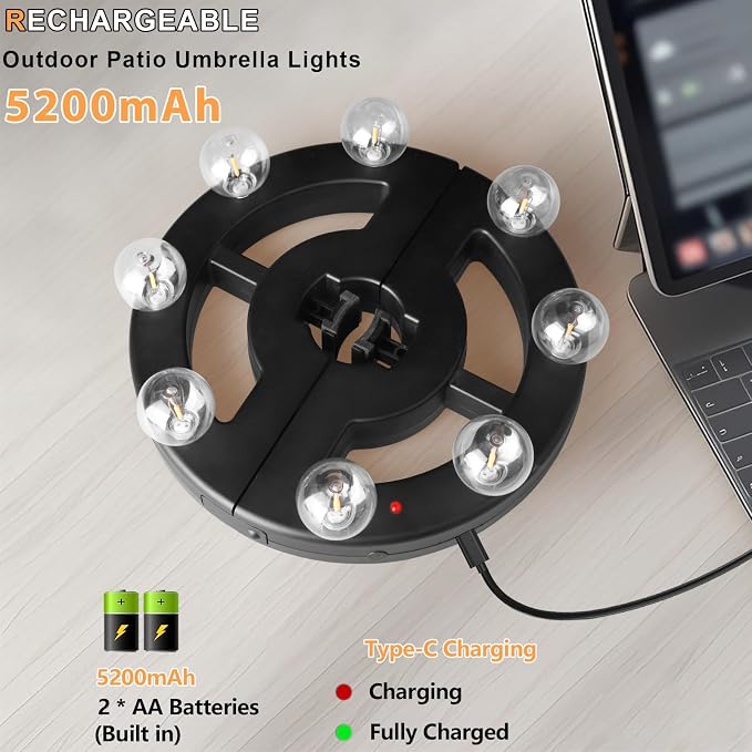 Umbrella Lights Outdoor Patio, Rechargeable Cordless with Dimmer &Timer, 8 Bright Warm White LED Bulbs Perfect for Garden, Backyard, Camping, BBQ or Indoor Use