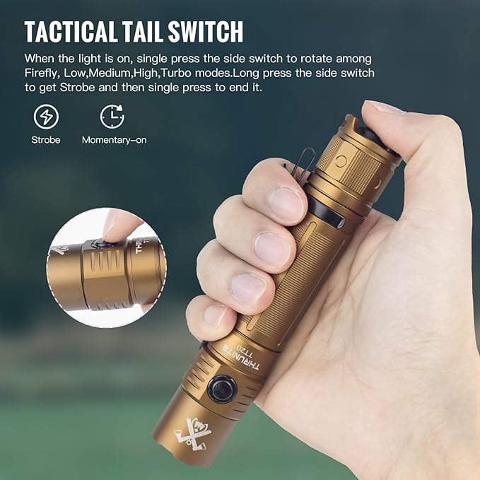 ThruNite TT20 Tactical Flashlight, 2010 Lumens USB-C Rechargeable LED Flashlight, Bright Handheld Flashlights with 6 Modes & Dual Switch, IPX8 Aluminum for Hunting - Desert Tan