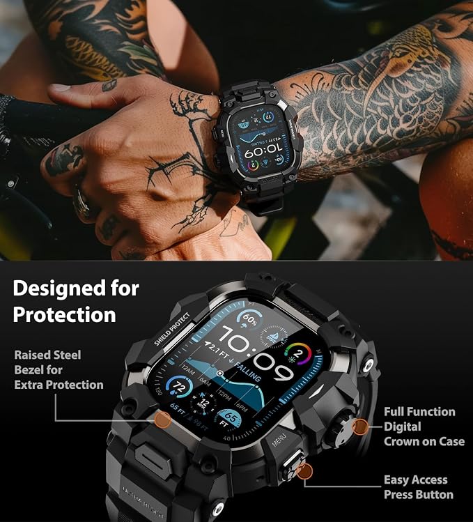 ULTIMAL Rugged Case with Band for Apple Watch 49mm,Compatible with Apple Watch Ultra 3/2/1, Military Grade Shockproof Bumper Cover for iWatch Tactical Band Men (Black, 49mm)