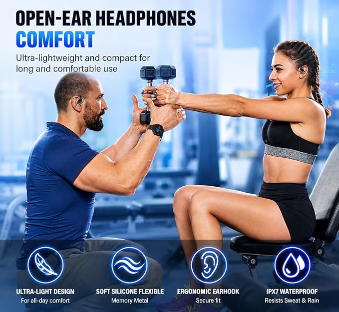Open Ear Headphones, 2026 Over Ear Earbuds with Ergonomic Earhook, IP7 Waterproof Bone Conduction Earbuds,BT5.4 Earbud with 4 Noise Canceling Mic, HF-Stereo/36H,Ultra-Comfort,Sports Headphones for Gym