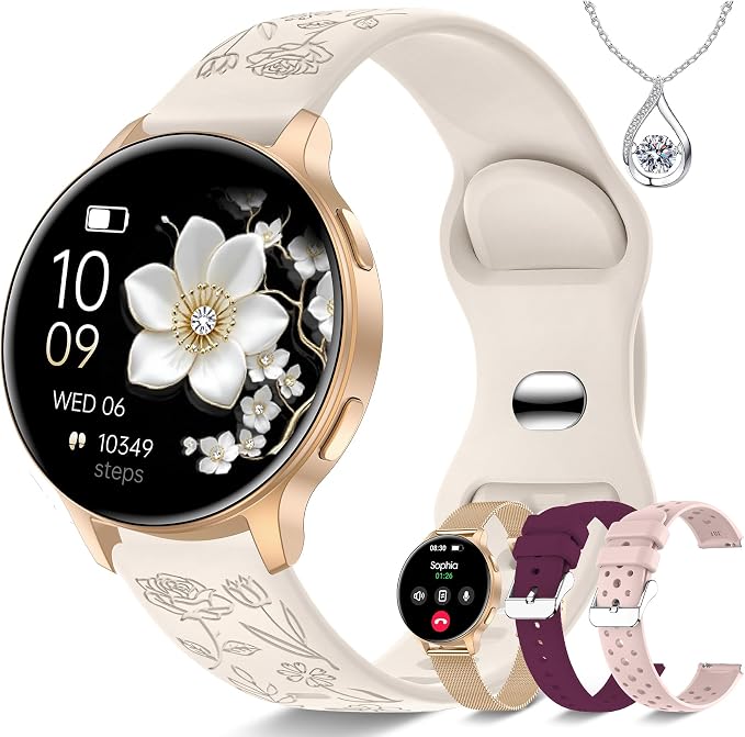 Iaret Smart Watch for Women, 1.27" HD Fitness Tracker with 4 Bands & Necklace Gift Set, Heart Rate SpO2 Sleep Monitor, 120+ Sport Modes, Call & Notifications, Smartwatch for Android iPhone, 40mm