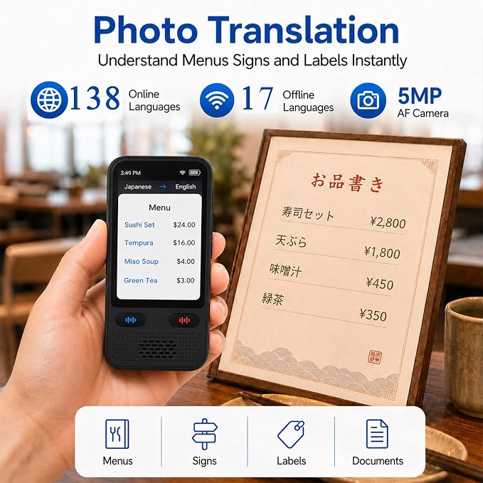 Pocket Language Translator Device No WiFi Needed Two Way Instant Translator with Offline Voice Photo Translation for Travel English Spanish Menus Hotels