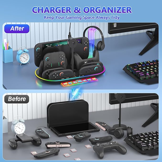 Charging Station for Switch 2 with Cooling Fan DOBEWINGDELOU Controller Charger for JoyCons and Pro Dock Stand with RGB Light 2 USB Ports 7 Game Card Slots LED Indicators