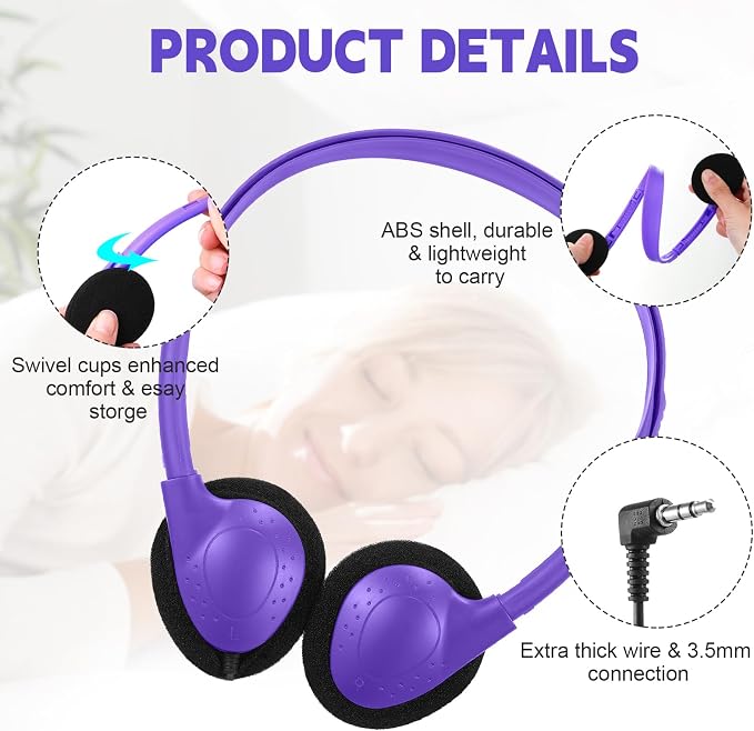 Konohan 10 Pack Headphones Bulk Headphone for School Classroom Student Wired Headphones Adjustable with 3.5 mm Jack for Adults (Purple)