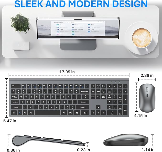 Wireless Keyboard and Mouse Combo, Full Size Keyboard and Mouse, Long Battery Life, Optical Mouse, 2.4G Lag-Free Cordless Mice Keyboard Set Ultra Slim Design for Computer, Laptop, PC, Mac, Windows