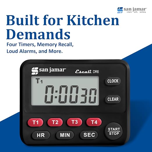 San Jamar Escali Four Channel Digital Kitchen Timer – TMDGTE - Digital Timer for Restaurants, Catering, Multi-Tasking, Kickstand Display, Stopwatch & Clock, 19hr 59min Max, Battery Operated