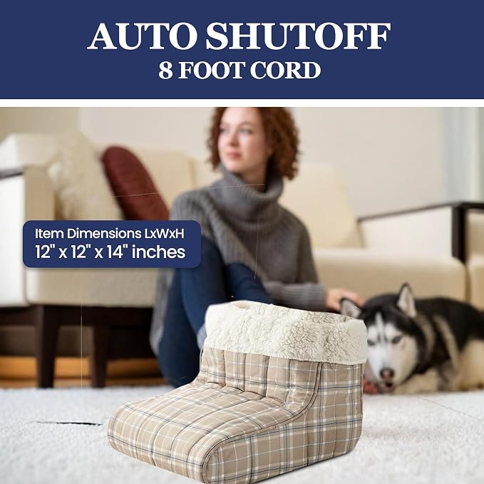 Thermee Micro Flannel Heated Foot Warmer, Sherpa Fleece, 2-Hour Safety Shut-Off, Electric Foot Heater for Women & Men, Foot Warmers for Feet, Heated Slippers, Under Desk Foot Warmer-Fashion Plaid Bark