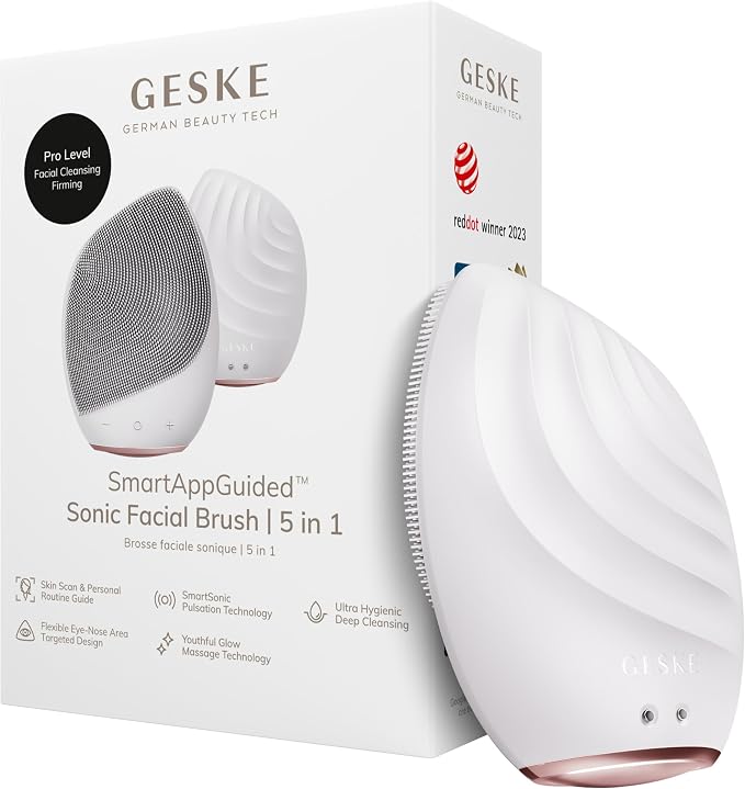 GESKE SmartAppGuided™ Sonic Facial Brush 5 in 1 | Vibrating Electric Facial Cleansing Brush | Soft Silicone Brush | Professional Facial Cleanser | Skin Cleanser & Exfoliator | Face Massager