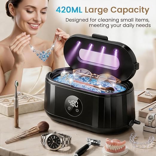 Ultrasonic Jewelry Cleaner, 50kHz Ultrasonic Cleaner Machine for Jewelry, Eyeglass, Retainers,Watch Strap, Rings,420ml 304 Stainless Steel Tank, 5 Timer Modes & LED Digital Display (Black)