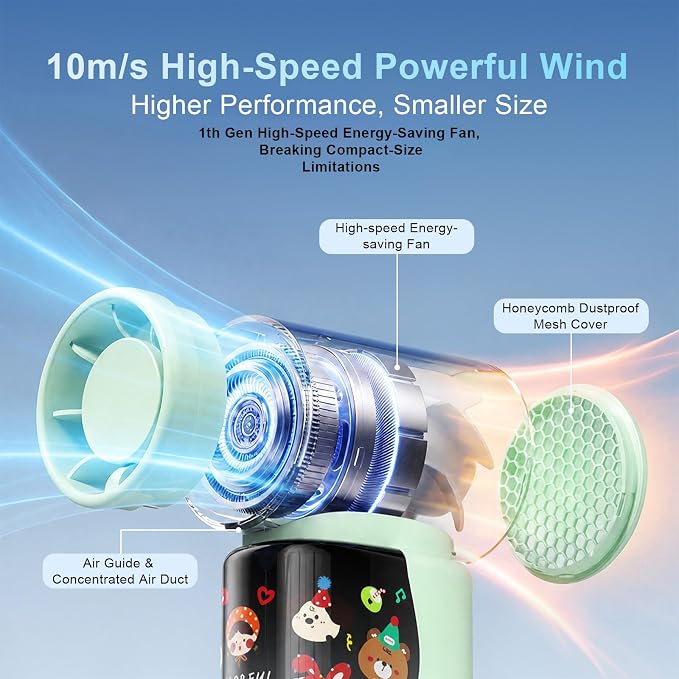 R-fun Colorful Handheld Mini Fan M126, 18000 RPM High-Speed Turbo Personal Fan, Rechargeabl Portable Fan, Flexible Curved Color Screen, Travel Essentials, Summer Gifts for Women and Men, Green