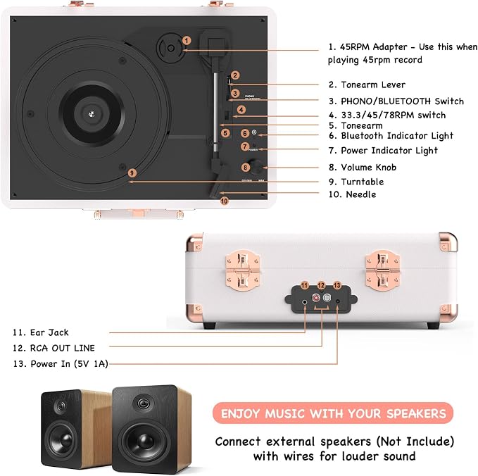 Vinyl Record Player with Built-in Speakers 3-Speed Vintage Record Player Bluetooth Portable Suitcase Turntable Belt-Driven LP Player Support RCA Output and Headphone Output (White Rose Gold)