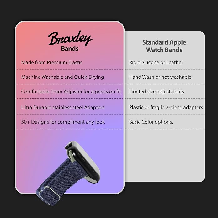 Braxley Bands for Apple Watches - Stretchy and Washable - Adjustable with Apple Watch Bands for Women & Men - Compatible with Apple Watch Series SE Ultra 9 8 7 6 5 4 3 2 1