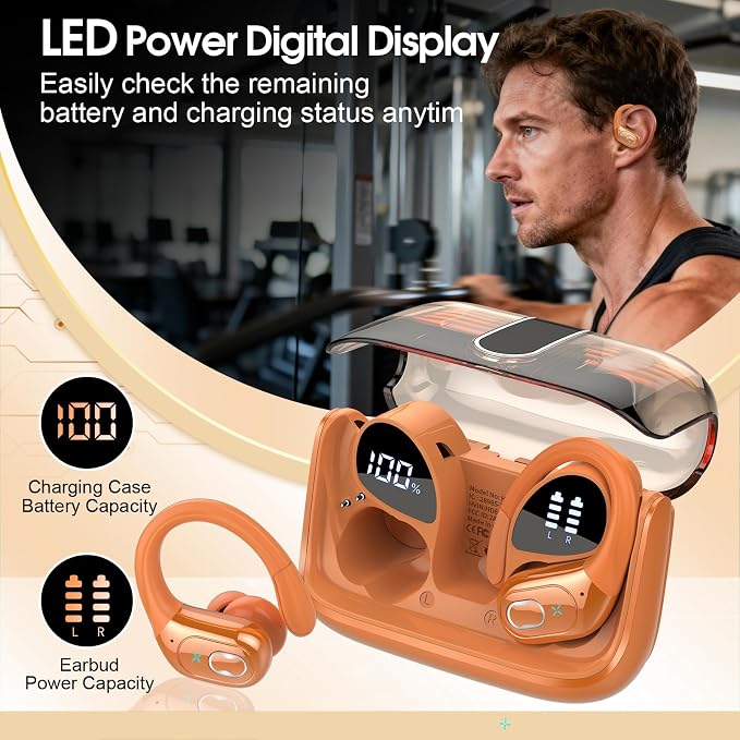 Wireless Earbuds 75hrs Bluetooth 5.4 Headphone Sport, 2026 Bluetooth Earbuds Hifi Stereo Over Ear Bud with Earhooks, ENC Noise Cancelling Mic, IPX7 Waterproof Earphone for Gym/Workout, Cosmic Orange