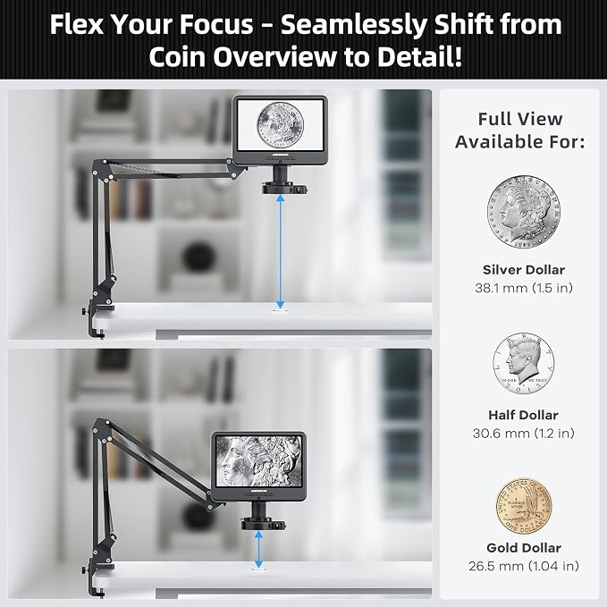 Andonstar AD109 Digital Microscope with 10.1" Screen for Adults, Flexible Boom Arm Stand Soldering Microscope, Coin Microscope Full View for Error Coins with 56 LED Ring Light, 32GB Card