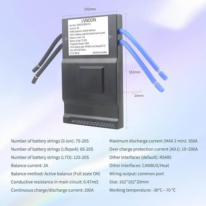 LB2A Smart Active Balancer BMS for Li-ion NCM LFP LiFePo4 LTO Battery Management System 7S 8S 10S 12S 15S 16S 20S 21S 24S 200A with APP Control 24V 48V 60V 72V (7-20S with Heat + CAN, 200A)