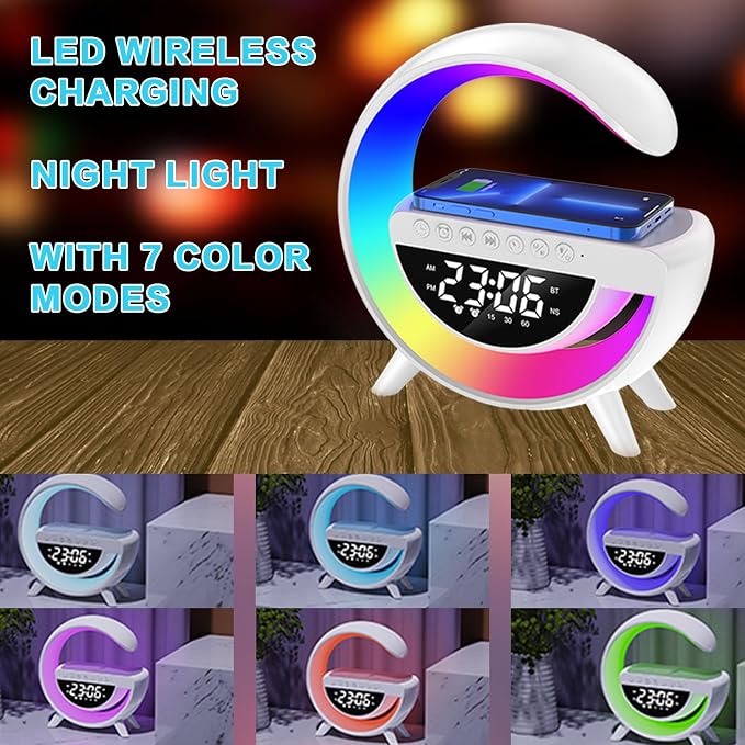15w Wireless Charging Ambient Light Bluetooth Speaker Alarm Clock Multifunctional G-Type Colorful Bedroom Light Desktop Creative Ornament