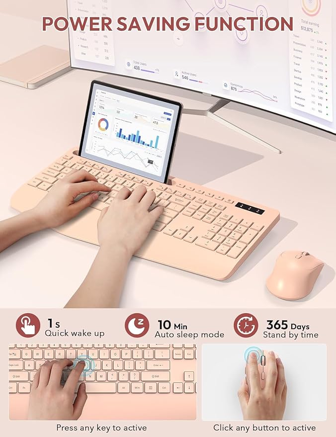 SABLUTE Wireless Keyboard and Mouse, Wrist Rest, Phone Holder, Batteries Included, 2.4G Lag-Free Ergonomic Keyboards Mouse Combo, Silent Cordless Set for Computer, Laptop, Mac, Windows (No Backlit)