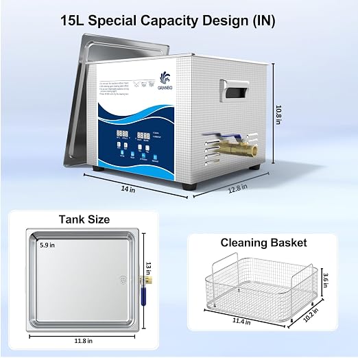 Granbo Ultrasonic Machine 15L 360W Jewelry Cleaner Ultrasonic Machine 40kHz with Heater Timer and Degassing,110V Digital Ultrasonic Jewelry Cleaner for Jewelry Glass Eyeglass Dental Parts Cleaning