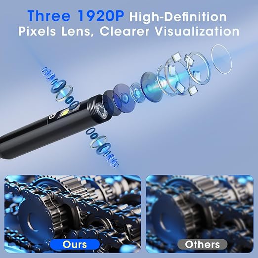 Triple Lens Borescope with 5" IPS Screen, 1920P HD Inspection Endoscope Camera with 50FT Semi-Rigid Snake Cable & 32GB Card, IP67 Waterproof Plumbing Camera for Sewer/Automotive/Drain Pipe