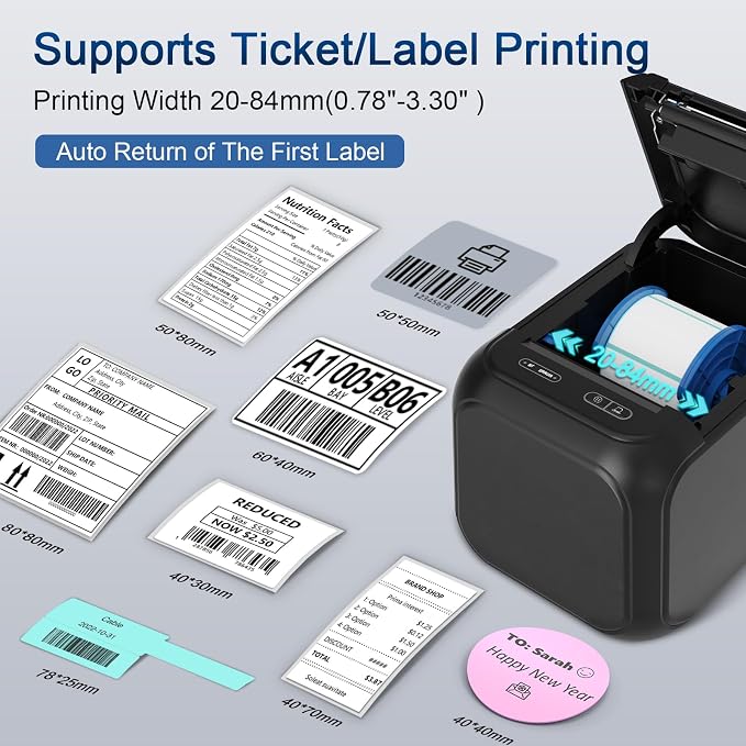 CLABEL Desk Bluetooth Barcode Label Printer: Label Maker with Direct Thermal Printing, 2-3 Inch Print Width for Barcodes Address Warehouse with 1 Roll 40x30mm Label (3 Inch Soot)