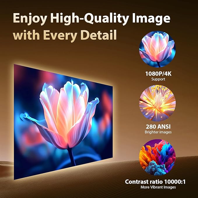 [Smart Projector & Built-in Apps] Mini Projector Support 4K 1080P FHD Portable Projector with WiFi and Bluetooth 180° Rotatable Auto Keystone, Compatibile with HDMI/TV Stick/Memory Stick/Laptop, White