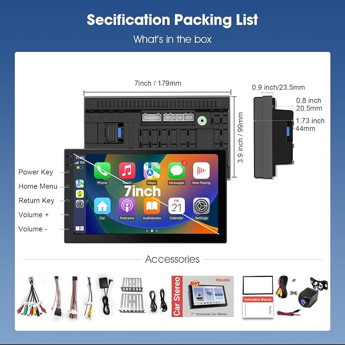 Wireless CarPlay Screen for Car & Android Auto Head Unit - Touchscreen 7 Inch Double Din Car Stereo with Backup Camera for All Cars (2+32GB)