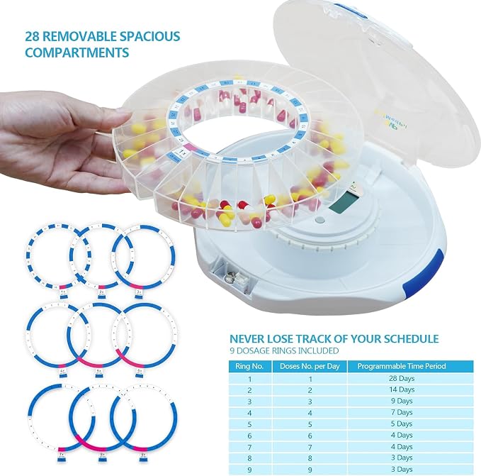 EziMedPil Bluetooth Automatic Pill Dispenser with App Setup for Caregivers | App Adherence History Tracking for Seniors, Locked 28-Day Organizer with Sound-Light Reminders, 9 Daily Alarms & LCD Display