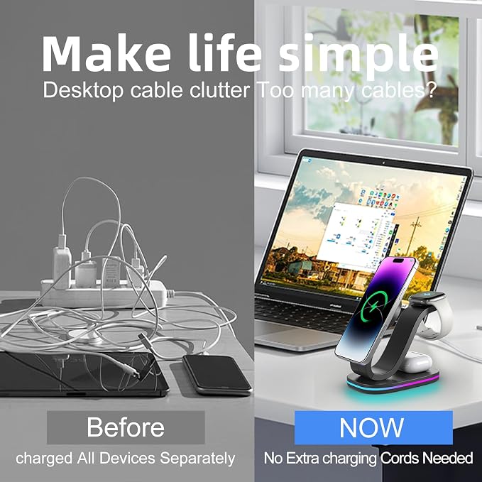 Wireless Charging Station, 2026 Upgraded Fast 15W 4-in-1 Charger Station for iPhone 17/16/15/14/13/12 Series, Watch Airpods 1-8/Ultra, iPad, AirPods, 35W Charger Included White