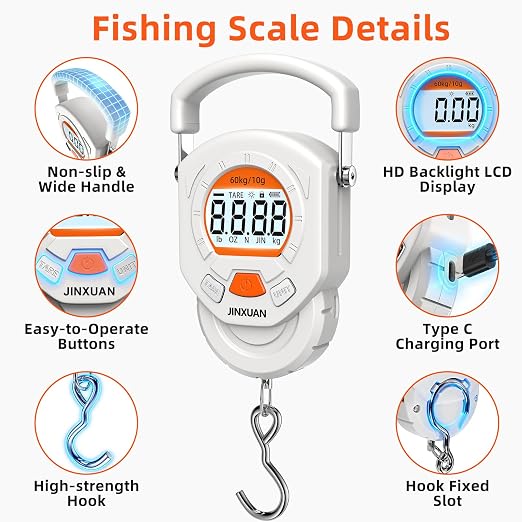 Fishing Scale 132lb/60kg Luggage Scale Digital Fish Scale with Backlit LCD Display, Fish Weight Scale Luggage Weight Scale Hanging Scale with 4 Units USB Cord, Fishing Accessories Fishing Gift