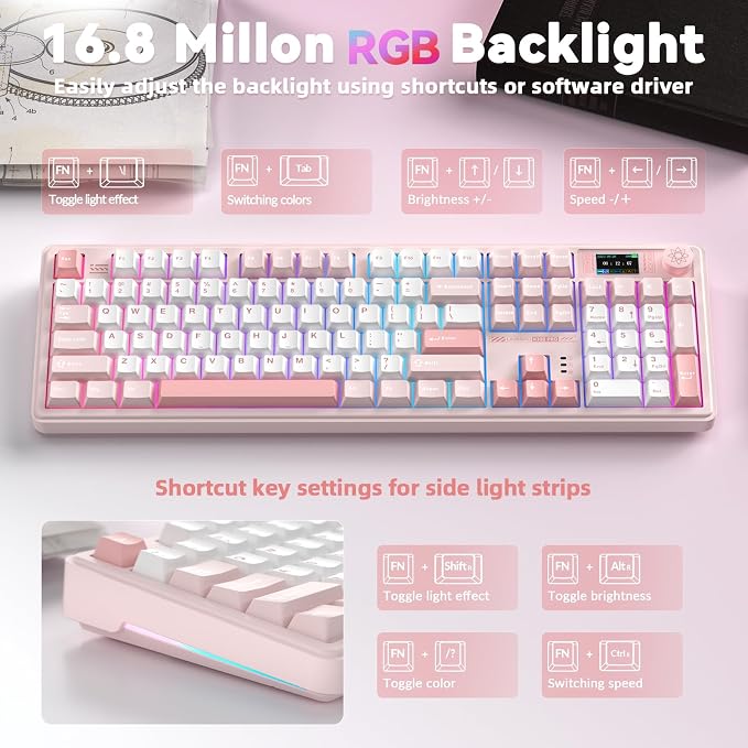 LINGBAO K108 Pro Wireless Mechanical Keyboard with Screen & Knob, Full Size Creamy Keyboard with Number Pad, 10000mAh Battery, PBT Keycaps, RGB Backlit, Hot-swappable Pink Gaming Keyboard for PC/Mac
