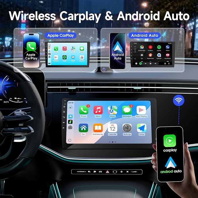 Haudio 9" Wireless Double Din Car Stereo with Bluetooth, Wireless CarPlay Radio and Android Auto, Backup Camera, GPS Navigation, Free APK Download and Deletion, FM, Voice Control, Mirror Link