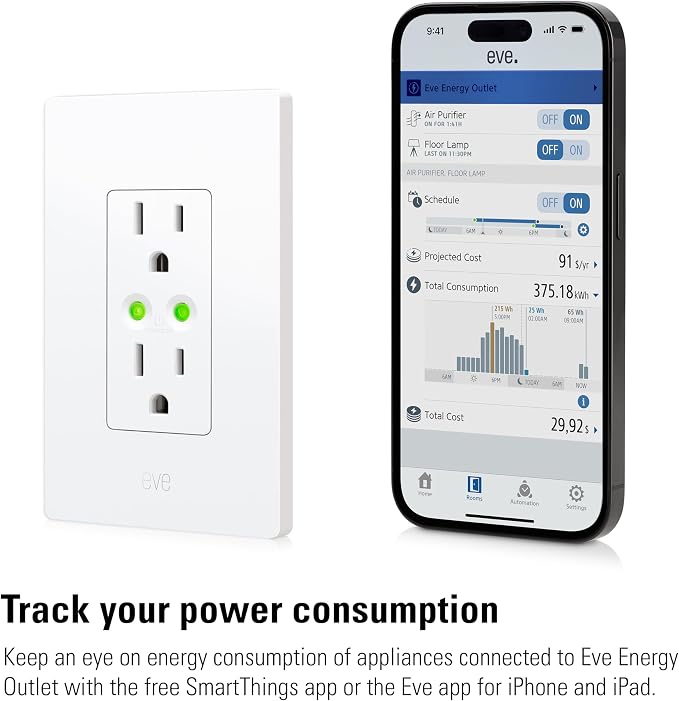 Eve Energy Outlet (Matter) – Smart Outlet & Power Meter, Tamper-Resistant, App & Voice Control, Works with Apple Home, Alexa, Google Home, SmartThings, Requires Thread Border Router