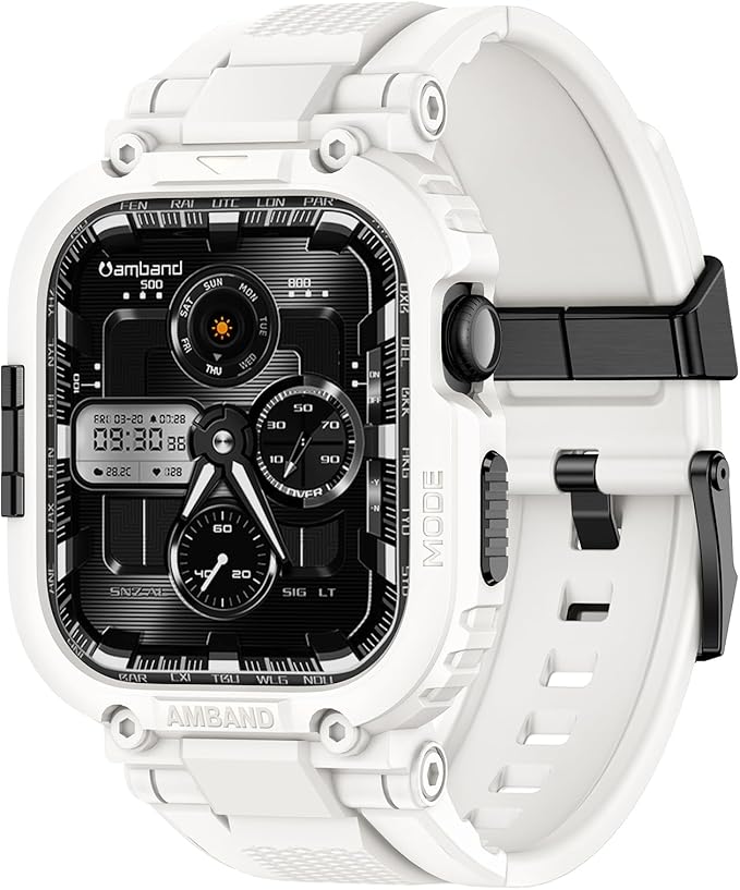 amBand 46mm for Apple Watch Series 11/10 Band Case Men, M1 Sport Rugged Heavy Duty Cover Tactical Strap Military Grade Protective Bumper Protector for iWatch 46 mm Men - White