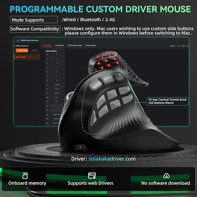 SOLAKAKA E9 PRO Vertical MMO Gaming Mouse with 8K Dongle- 36000 DPI PAW3395 Sensor,8,000Hz Polling Rate,Tri-Mode Ergonomic Wireless Mouse with 10 Side Buttons,RGB Mouse for PC/Mac - Black