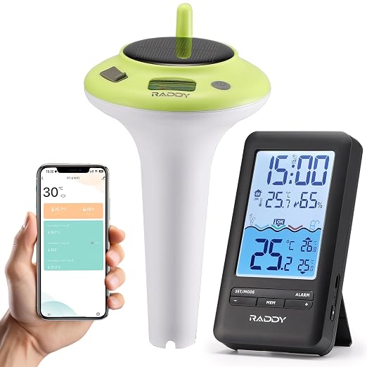 Raddy PT-5 Wi-Fi Pool Thermometer, Wireless Smart Floating Sensor with Indoor Console, APP Remote Monitoring, IPX8 Waterproof, Solar & USB-C Rechargeable, for Hot Tub Spa Swimming Pool Tank Aquarium