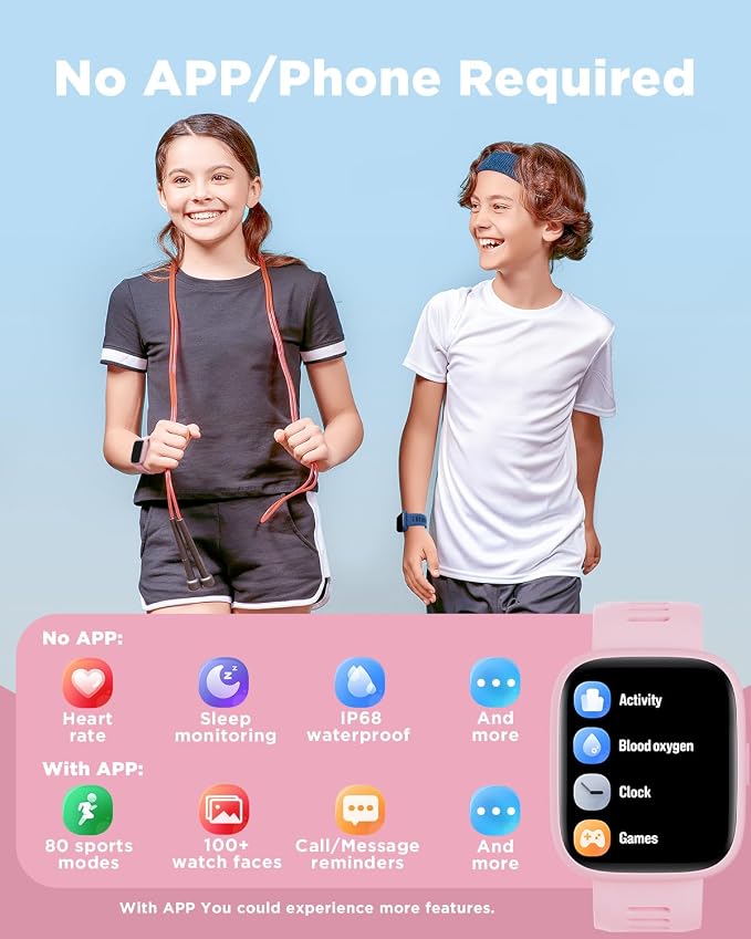 BIGGERFIVE Smart Watch for Kids, 1.8" Fitness Tracker Watch Pedometer, Heart Rate, IP68 Waterproof, Sleep Monitor, Calorie Step Counter, 5 Puzzle Games with/Without APP for Girls Teens 5-16
