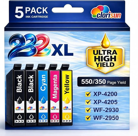 Remanufactured Replacement for Epson 232 232XL Ink Cartridges Combo Pack Replacement for 232XL Ink Work with Epson XP-4205 WF-2950 XP-4200 WF-2930 Printers (5-Pack, 2 Black, Cyan, Magenta, Yellow)