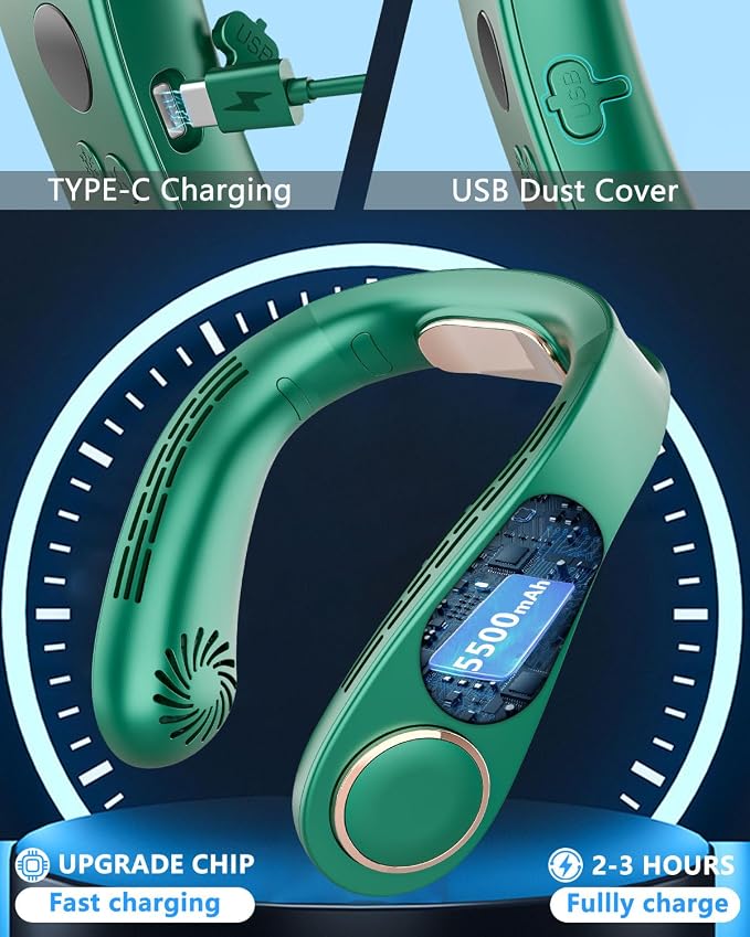 Neck Coolers with Cold Cooling Plates, LED Display & 5 Fan Speeds, Quiet Rechargeable AC Neck Cooler, Hands-Free Hanging Battery Powered Necklace Fans for Women Men Kids Indoor Outdoor, Dark Green