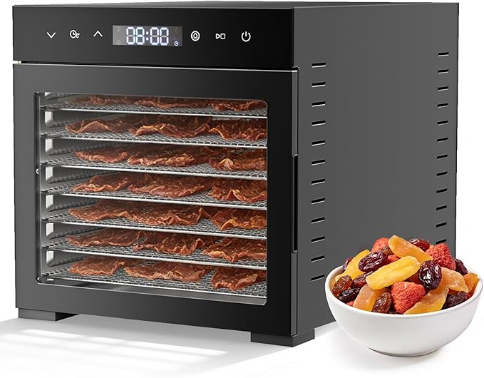OLIXIS Food Dehydrator Machine, 500W Jerky Dehydrators with 8 Stainless Steel Large Trays, 185°F Temperature Control & 24H Timer Food Dryer for Fruit Meat Herb Dog Treats, Inky
