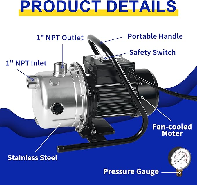 LANCHEZ Shallow Well Pump, Stainless Steel Garden Irrigation Pump, 115V Water Transfer Pump, Water Booster Jet Pump for Home Garden Lawn Farm, Silver