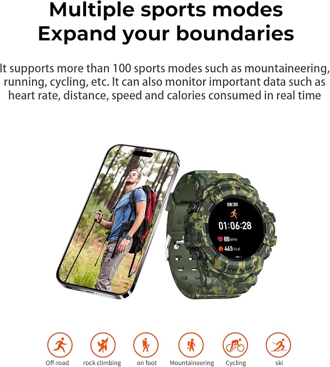 MIDDOW Military Smart Watch with Flashlight (Answer/Make Call) Compass, Heart Rate/Sleep/Sports Tracker, IP68 Waterproof, Long Battery Life, HD Screen, Android & iOS (Camouflage Green)