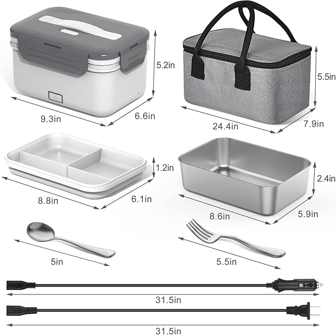 Herrfilk Electric Lunch Box Food Heater 100W, 4 in 1 Ultra Quick Heated Lunch Boxes for Adults 12V/24V/110V/220V Portable Food Warmer for Car/Truck/Office With Fork Spoon and Insulated Carry Bag