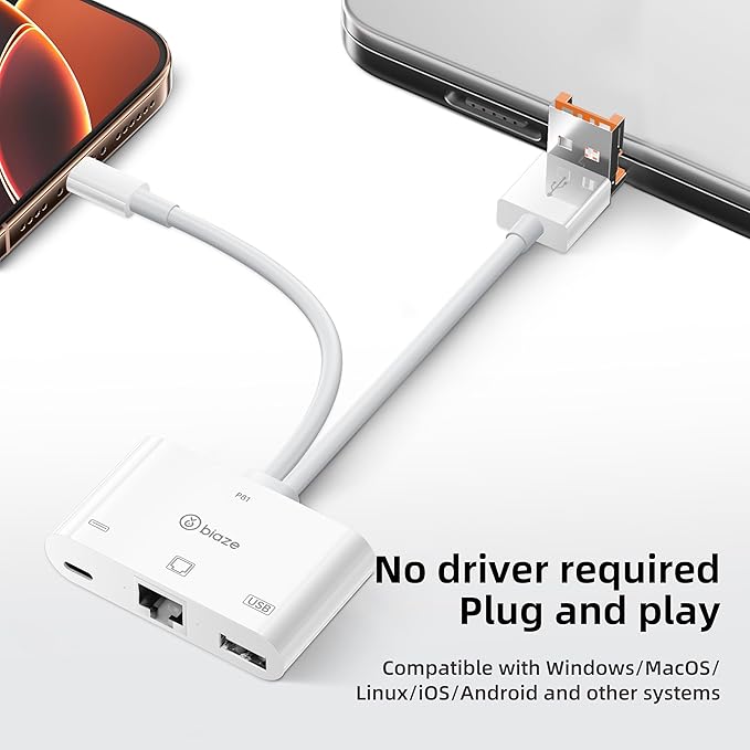 USB to Ethernet Adapter, 3 in 1 RJ45 Ethernet LAN Network Adapter with Charging Port and USB Port Compatible with iPhone 16/15, Laptop, MacBook, PC with Windows(RJ45 3-in-1 USB HUB)