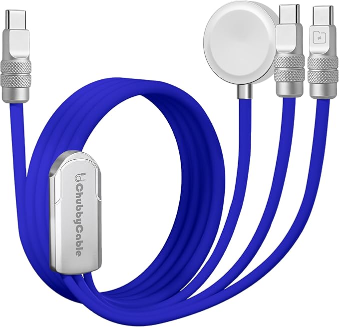 chubbycable Tri-Flex 3 in 1 USB C Cable for Apple Watch Charger Silicone 100W Multi Charging Cable Fast Charge Compatible with iPhone 17-15 Series Apple Watch iPad MacBook AirPods, 4.1FT, Dark Blue