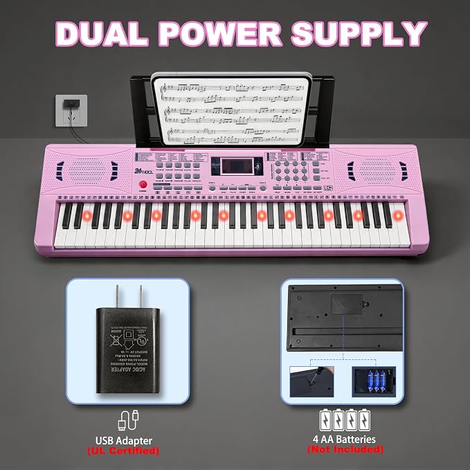 Keyboard Piano 61 Lighted Keys, Electric Keyboard Kit with 100 Voices, 100 Rhythms - Built-In Speaker, Microphone, Sheet Stand and Power Supply, Gift for Children Beginners [Pink, Piano Only]