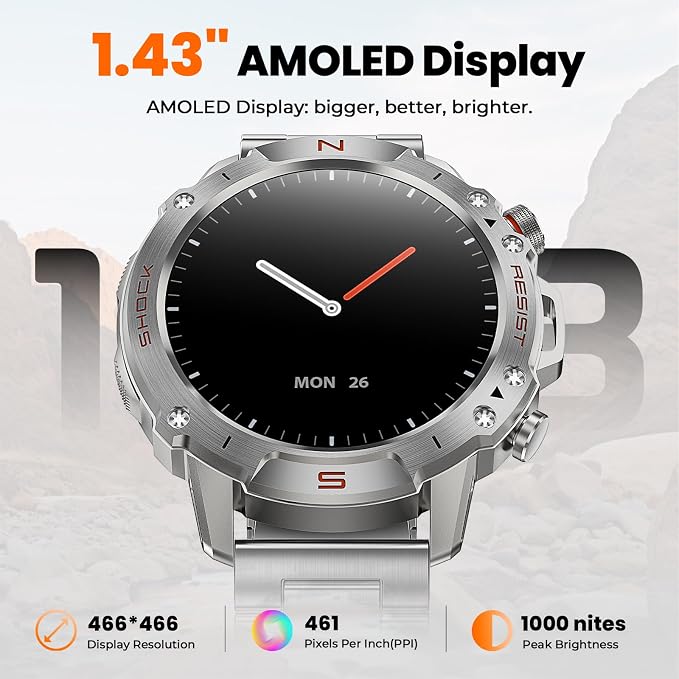 WalkerFit Silver Smart Watch for Men, Stainless Steel Band, 1.43" AMOLED Round Smartwatch, 5ATM Waterproof for Swim Run Hike Cycle, 170+ Sports Modes, Heart Rate SpO2, Sport Watch for iPhone Android